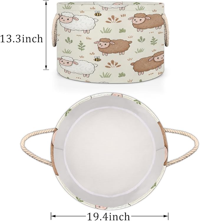 Large Storage Baskets - Farm Animal Sheep Nursery Round Organizer Bin Box, Collapsible Laundry Hamper for Kids Toys, Blanket, Bedroom Living Room Home Decor, Gift Basket, 19.4"x13.3"