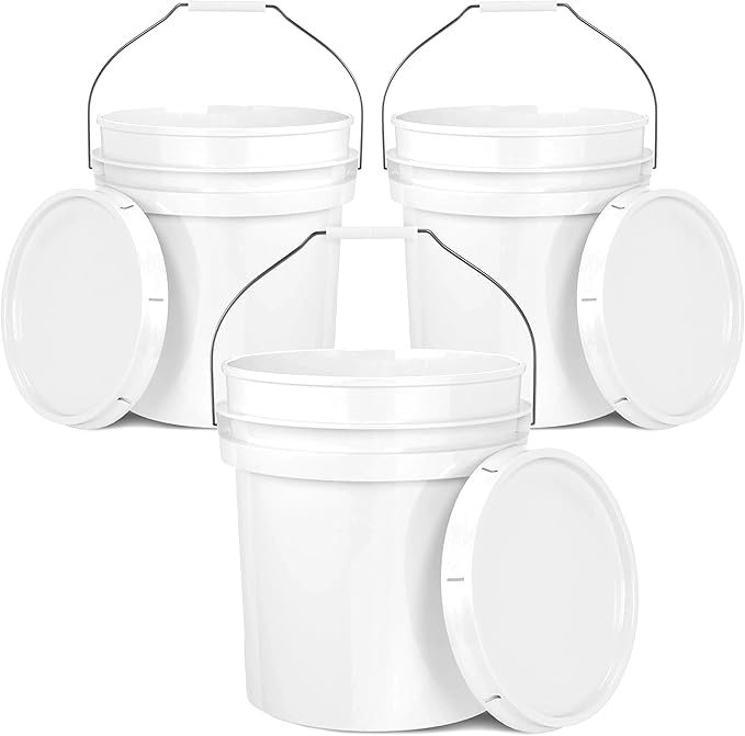 EconoHome 5-Gallon White Bucket Pail Container with Lid | Metal Handles with Plastic Grip for Easy Carrying | Easy Stack and Store | Heavy-Duty Extra Durable | Food Grade | BPA Free - 3 Pack