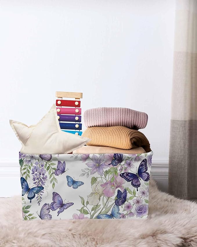 Pink Flowers Storage Bins Cubes Waterproof Cloth Storage Basket,Spring Floral Purple Butterflies Watercolor Foldable Storage Bags for Shelf Clothes Storages Organizers with Handles 15x11x9.5 in 2PCS