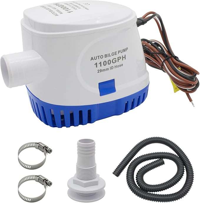 HXH 12V 1100GPH Automatic Submersible Boat Bilge, with PVC Bilge Pump Hose 1-1/8-Inch, 2PCS Stainless Steel Hose Clamps and Thru-Hull Fitting Set, for Marine, Yachts, Live Well Pump Kit