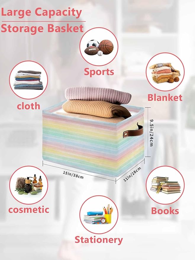 Colorful Striped Storage Bins Cubes Waterproof Cloth Storage Basket, Farmhouse Vertical Striped Watercolor Foldable Storage Bags for Shelf Closet Clothes Organizers with Handles 15x11x9.5 in 1PCS
