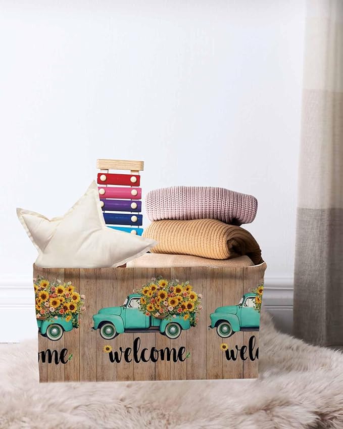 Country Sunflowers Storage Bins Cubes Waterproof Cloth Storage Basket, Welcome Rustic Truck Floral Farm Brown Foldable Storage Bags for Shelf Closet Clothes Organizers with Handles 15x11x9.5 in 1PCS