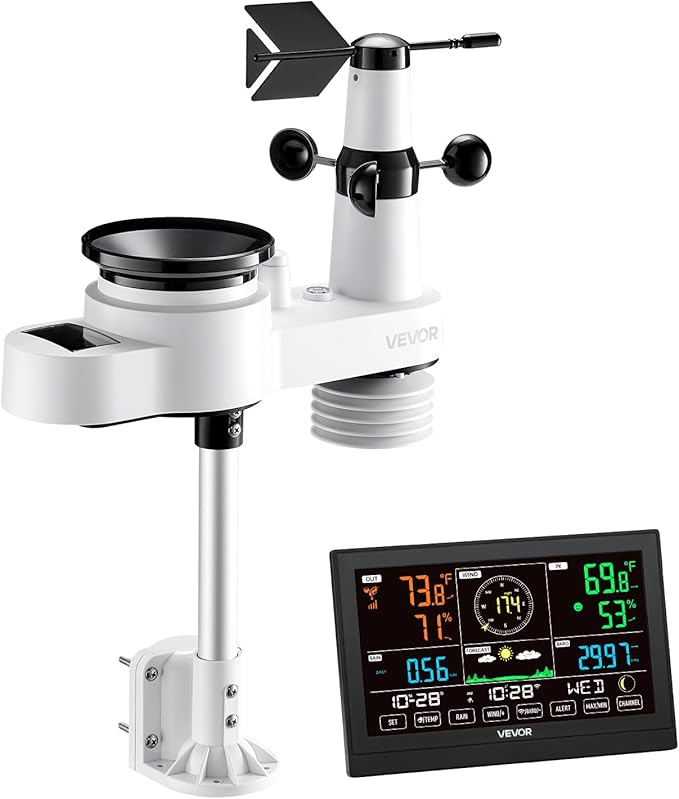 VEVOR 5-in-1 Wi-Fi Weather Station, 7.5-Inch VA Display, Wireless Solar Powered Outdoor Sensor, Rain Gauge, Indoor Outdoor for Weather Forecast, Wind Speed Direction, Temperature, Humidity, Rainfall