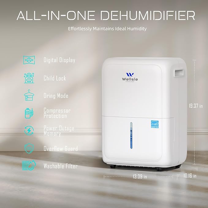 Energy Star Certified 52 Pint Dehumidifier for Home and Basement, Portable Dehumidifier with Drain Hose and 1.59 Gal Water Tank, Quiet Dehumidifiers for Bedroom, Living Room, Garage.