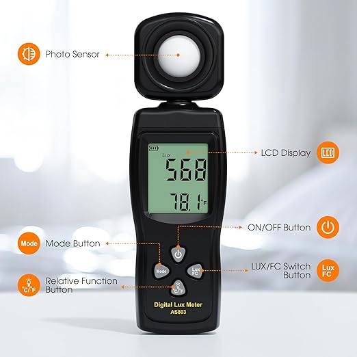 Digital Illuminance Light Meter, 0~200,000 Lux Range with 180º Rotating Sensor Light Meter Foot Candles, Backlight LCD Display, Handheld Light Meter for Plants, Photography, Indoor, Film Camera