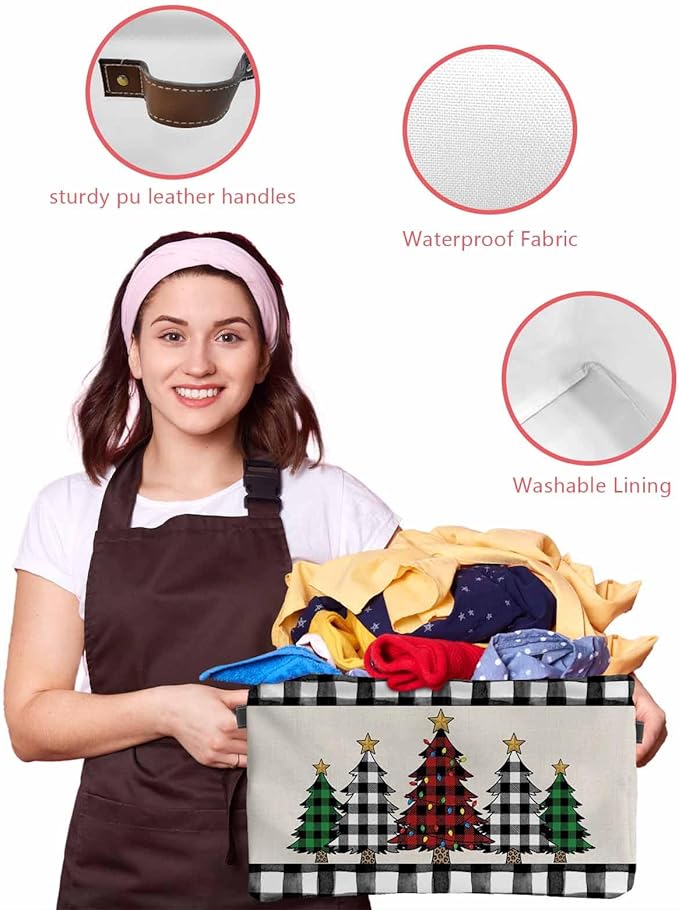 Christmas Tree Storage Bins Cubes Waterproof Cloth Storage Basket, Xmas Farmhouse Buffalo Plaid Retro Foldable Storage Bags for Shelf Closet Clothes Organizers with Handles 15x11x9.5 in 1PCS
