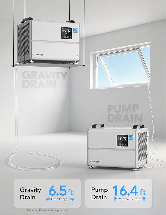 Aeroid 70 Pints Crawl Space Dehumidifier with Built-in Pump and Drain Hose, Portable Commercial Dehumidifier for Basement and Whole Home, Smart Automatic Defrost, Memory Start, Energy Star Certified