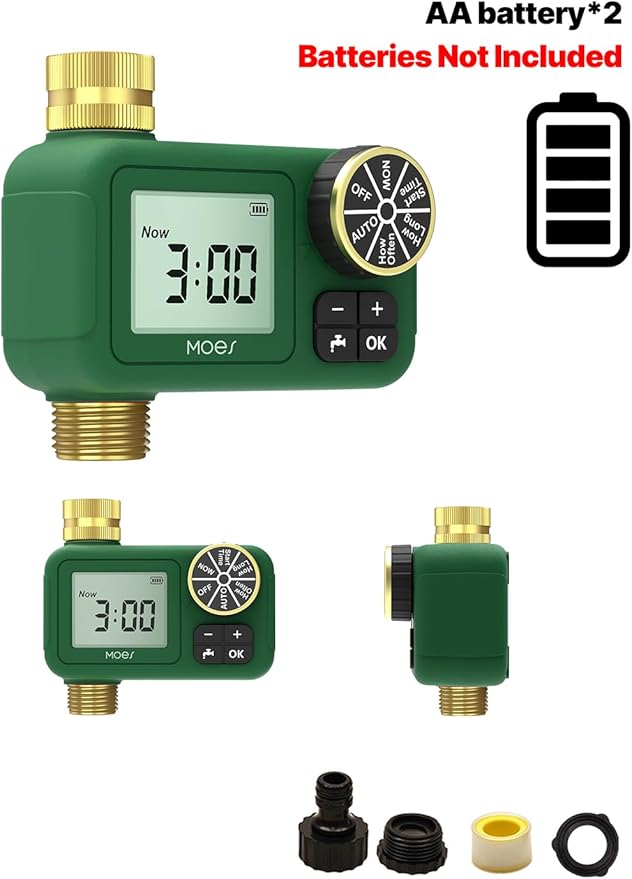 MOES 1 Zone Water Timer for Garden Hose, Heavy Duty Solid Brass Inlet & Outlet, Programmable Sprinkler Timer Battery Operated, High-Flow Faucet Valve with Rain Delay for Lawn Irrigation (Non-WiFi)