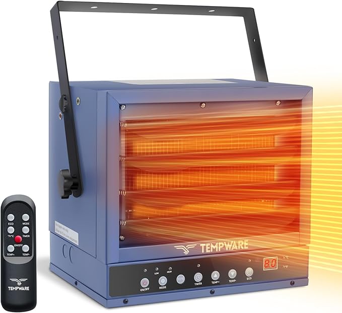 TEMPWARE 7500Watt Electric Garage Heater, Digital Ceiling Mount Fan-Forced Shop Heater with Full-Function Remote, 240-Volt Hardwired Heater with 12-Hour Timer, Ideal for Workshop