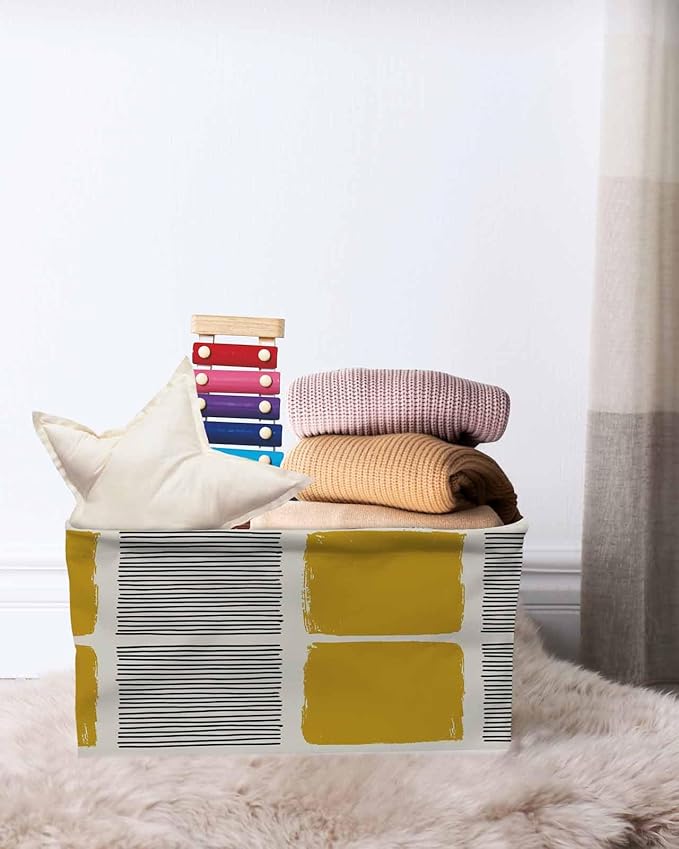 Yellow Storage Bins Cubes Waterproof Cloth Storage Basket,Modern Painting Farmhouse Striped Abstract Art Foldable Storage Bags for Shelf Clothes Storages Organizers with Handles 15x11x9.5 in 2PCS