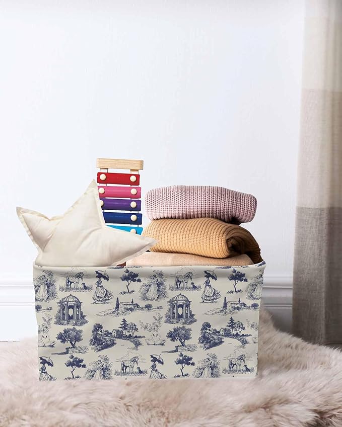 Farmhouse Country Storage Bins Cubes Waterproof Cloth Storage Basket, Vintage Blue French Garden Horse Swan Foldable Storage Bags for Shelf Closet Clothes Organizers with Handles 15x11x9.5 in 2PCS