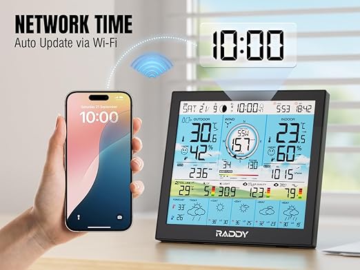 Raddy WF-120P Professional Wi-Fi Weather Station with App Control, 10″ HTN Color Display, Indoor/Outdoor Temp & Humidity, UV & Light Index, PM2.5 AQI, 5-Day Forecast, 7-in-1 Outdoor Sensor for Farm