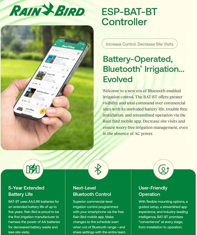 Rain Bird ESP-BAT-BT1 Advanced Bluetooth Battery-Operated Controller 1 Zone App-Controlled Irrigation Timer