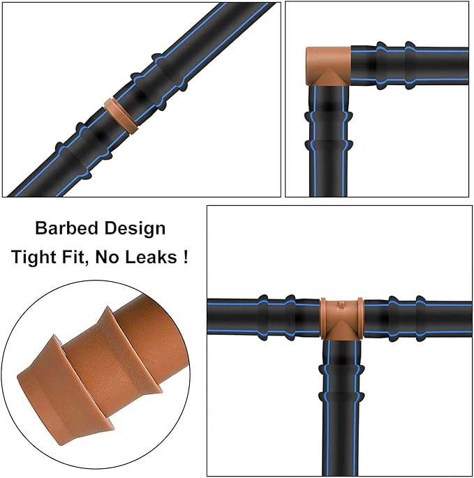 20-Pack Drip Irrigation Barbed Tee Fittings, Fits of 1/2”, 17mm .600” ID Drip Tubing