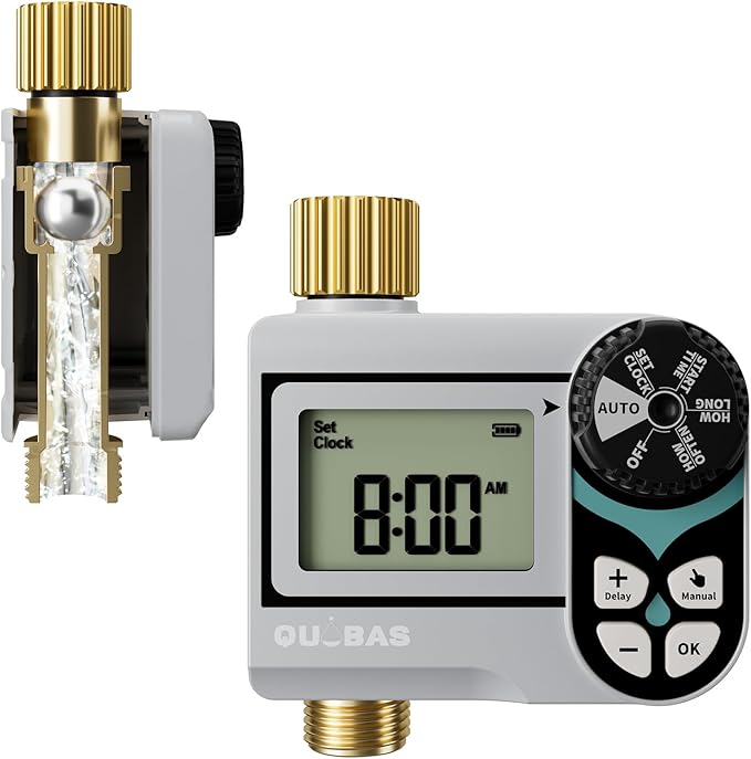 QUOBAS Zero Pressure Water Timer, Programmable Sprinkler Timer for Garden Hose Faucet with Brass Ports, Rain Delay/Manual/Automatic Irrigation System, Low Pressure Watering Compatible Rain Barrel