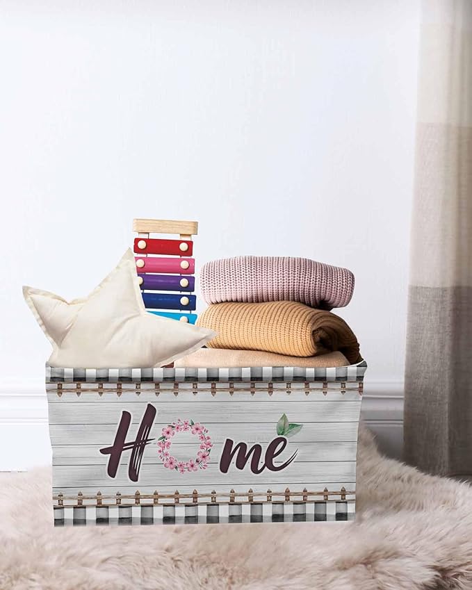 Spring Flowers Storage Bins Cubes Waterproof Cloth Storage Basket,Farmhouse Watercolor Black Plaid Wood Grain Foldable Storage Bags for Shelf Clothes Storages Organizers with Handles 15x11x9.5 in 2PCS