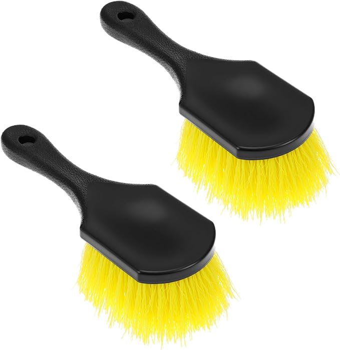 QWORK 8" Utility Scrub Brush with Plastic Handle and Yellow Polypropylene Bristles, 2 Pack Multi-Purpose Cleaning Tool for Wheels and Tires