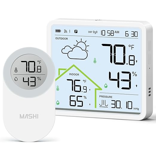 MASHI Rechargeable Weather Station Wireless Indoor Outdoor Thermometer,Atomic Clock with WWVB & 4.3" Backlit Display, Inside Outside Thermometer Wireless, 3-Channel 330ft Range, Accurate Forecast