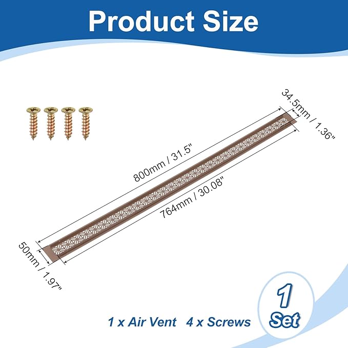 uxcell Aluminum Alloy Air Vents, 800 x 50mm / 31.5 x 2" Rectangle Louvered Ventilation Grille Cover with Mounting Screws for Door Cabinet Wardrobe, Brown
