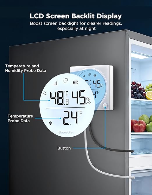 GoveeLife Upgraded Smart WiFi Refrigerator Thermometer Digital with Freezer Alarm, Wireless Magnetic Fridge Thermometer with Notification, LCD Display, Free Data Export for Fridge, Kitchen, Farming