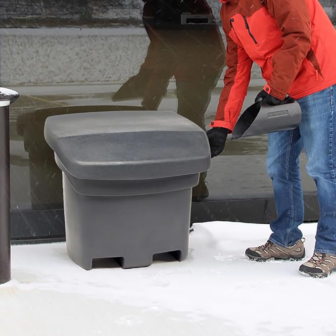 FCMP Outdoor 37-Gallon Salt and Sand Storage Bin – Multipurpose Deck Box for Patio, Porch or Shed – Industrial Large Container for Outdoor Storage, Grey