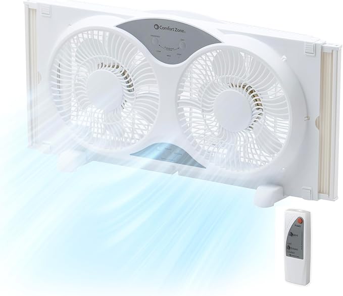 Comfort Zone Window Fan for Bedroom, 9 inch 3 Speed Dual Fans with Auto-Locking Expanders, 3 Modes (Cool, Circulate, Exhaust), Remote Control, Fabric Cover plus Bug Screen, White