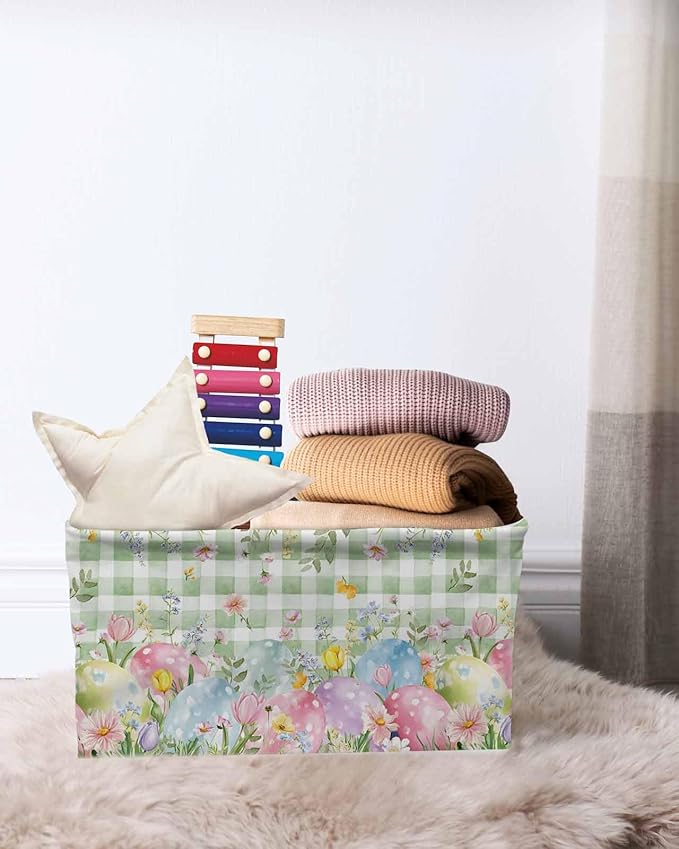 Easter Eggs Storage Bins Cubes Waterproof Cloth Storage Basket,Spring Daisy Eucalyptus Leaves Sage Green Plaid Foldable Storage Bags for Shelf Storages Organizers with Handles 15x11x9.5 in 1PCS
