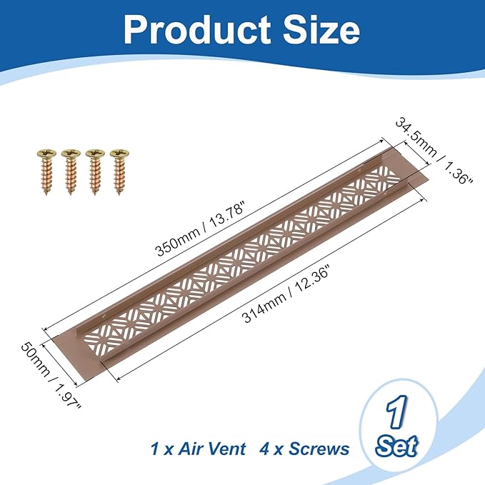 uxcell Aluminum Alloy Air Vents, 350 x 50mm / 13.8 x 2" Rectangle Louvered Ventilation Grille Cover with Mounting Screws for Door Cabinet Wardrobe, Brown