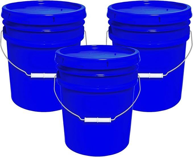 MKS Plastics 5-Gallon Bucket with Airtight Lid – Made in USA, Food Grade BPA Free Plastic, Heavy Duty Multi-Use, Metal Handle with Grip, Stackable Storage – Blue, 3 Pack