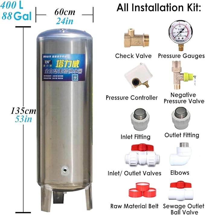 Pressurized Water Tank Well Pressure Tank 60gal 50gal 40gal 26gal Deep Well Pressure Tank with Installation Kit, Home/Garden Water Storage Tanks Pressurized Stainless Steel for Well Pump(60X40cm/23.6x