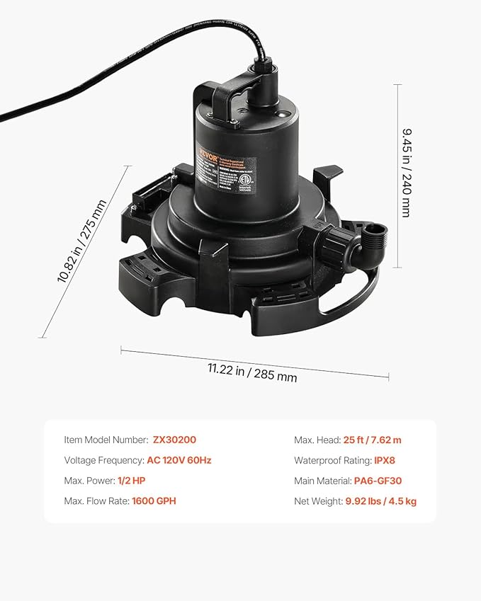 VEVOR Automatic Pool Cover Pump, 1/2 HP 1600 GPH, 120V Submersible Swimming Pool Cover Pump with 25 ft Power Cord, 25 ft Max Head Lift, Water Removal and Transfer Pump, for Pool Draining Hot Tubs
