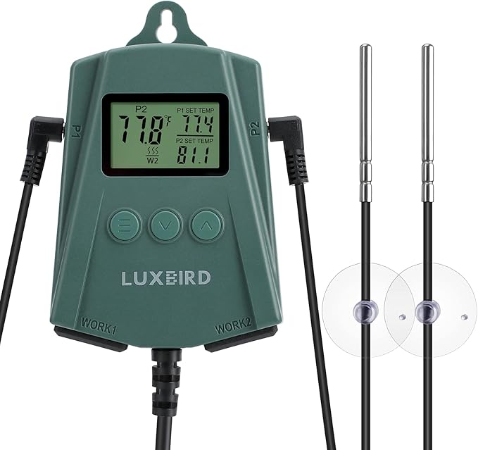 LUXBIRD LB-2SC Digital Heating Mat Thermostat Controller with 2 Probes and 2 Outlets for Seedlings, Germination, Reptiles, Brewing, Breeding, Incubation, Greenhouse (Max 250W per Outlet)