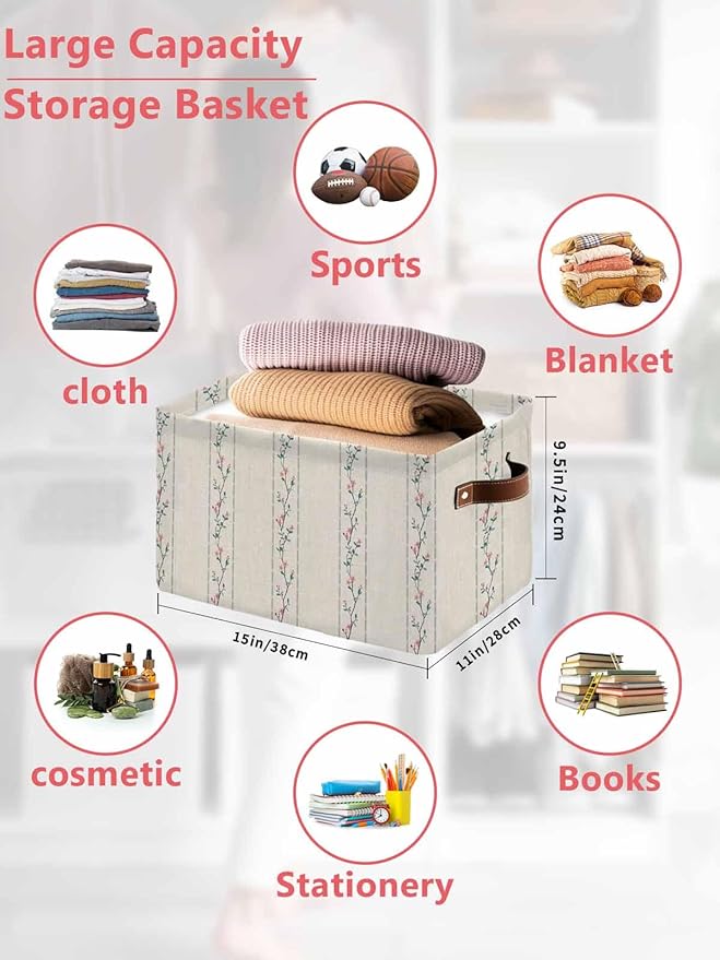 Beige Flower Branch Storage Bins Cubes Waterproof Cloth Storage Basket, Spring Summer Farmhouse Botanical Foldable Storage Bags for Shelf Closet Clothes Organizers with Handles 15x11x9.5 in 2PCS