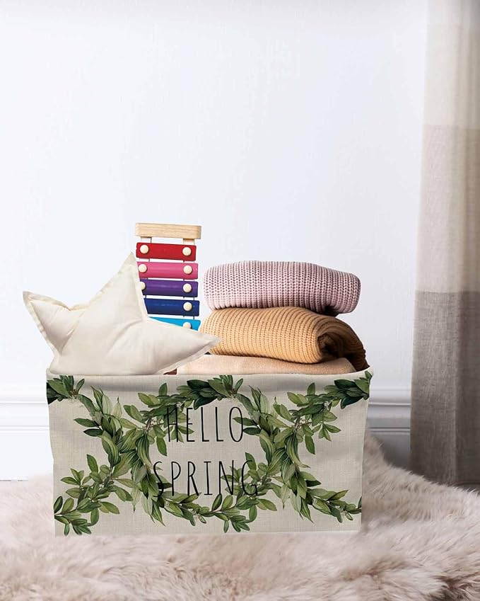 Farmhouse Green Garland Storage Bins Cubes Waterproof Cloth Storage Basket,Spring Vintage Black Plaid Beige Foldable Storage Bags for Shelf Clothes Storages Organizers with Handles 15x11x9.5 in 2PCS