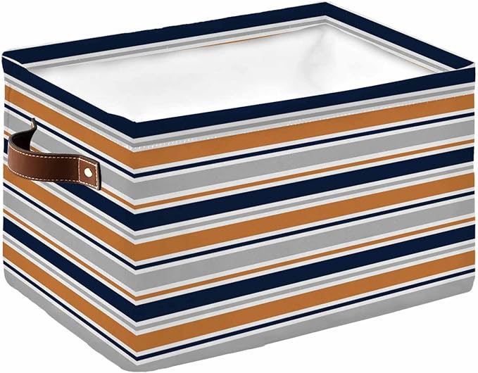 Orange Grey Striped Storage Bins Cubes Waterproof Cloth Storage Basket,Farmhouse Stripes Modern Abstract Art Foldable Storage Bags for Shelf Clothes Storages Organizers with Handles 15x11x9.5 in 1PCS