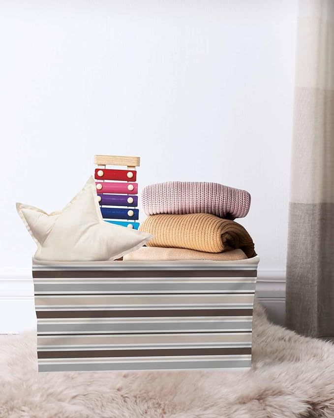 Khaki Grey Striped Storage Bins Cubes Waterproof Cloth Storage Basket,Farmhouse Stripes Modern Abstract Art Foldable Storage Bags for Shelf Clothes Storages Organizers with Handles 15x11x9.5 in 2PCS
