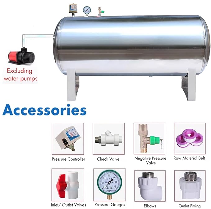LZMZMQ Well Pump Pressure Tank with Gauge & Check Valve, Heavy Duty Water Bladder Tanks 26 42 52 66 80 Gallon, Large Storage Water Containers Long Term(66Gal/250L(115x65cm/45x25in))