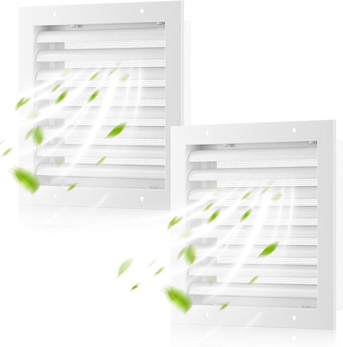Hon&Guan 2 Pack 8" x 8" Aluminum Gable Vents with Screen for Houses, Louvered Wall Vent for Attic, Shed and Exterior Doors, 6.6" x 6.6" Vent Opening, White