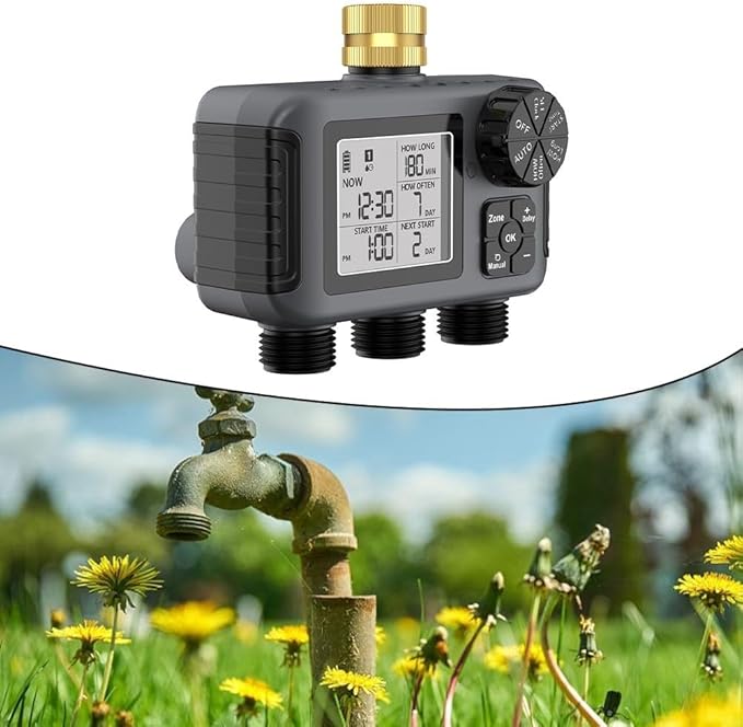 Automatic Garden Watering Timer with 3 Independent Valves Rain Delay and Adjustable Schedule IPX5 Waterproof Irrigation Controller for Lawn Plants Outdoor