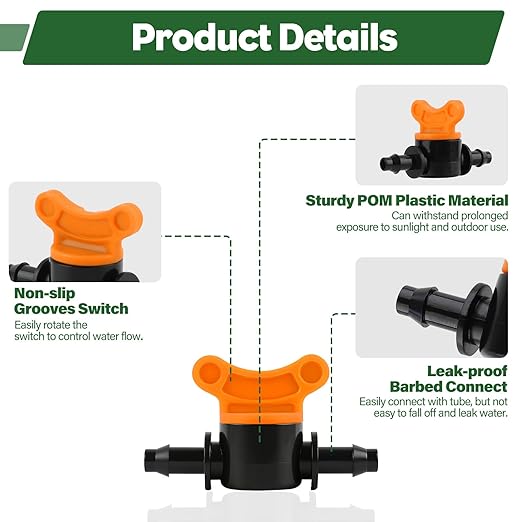 Kalolary 1/4" Drip Irrigation Valves, 30PCS Drip Line Barbed Valves Fittings Garden Shut Off Switch Valve for 4/7mm Tube Water Flow Control Drip Line Parts Cut Off Valve for Watering System (Orange)
