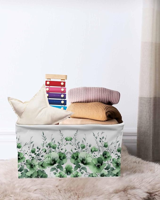 Green Blooms Floral Storage Bins Cubes Waterproof Cloth Storage Basket,Farmhouse Spring Flowers Botanical Foldable Storage Bags for Shelf Clothes Storages Organizers with Handles 15x11x9.5 in 1PCS