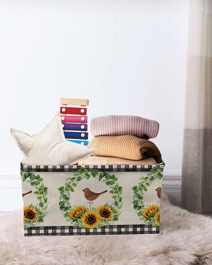 Spring Eucalyptus Sunflower Storage Bins Cubes Waterproof Cloth Storage Basket,Farmhouse Birds Rustic Burlap Foldable Storage Bags for Shelf Clothes Storages Organizers with Handles 15x11x9.5 in 2PCS