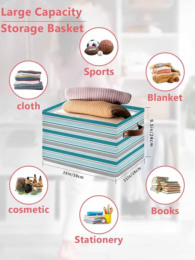 Grey Blue Striped Storage Bins Cubes Waterproof Cloth Storage Basket,Farmhouse Stripes Modern Abstract Art Foldable Storage Bags for Shelf Clothes Storages Organizers with Handles 15x11x9.5 in 1PCS