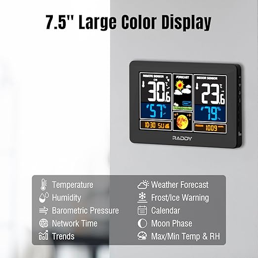 Raddy N75 Wi-Fi Weather Station with App Control, 7.5" Color Display Indoor Outdoor Thermometer, Accurate Weather Forecast, Network Time, Frost Alert, Adjustable Backlight for Home Use