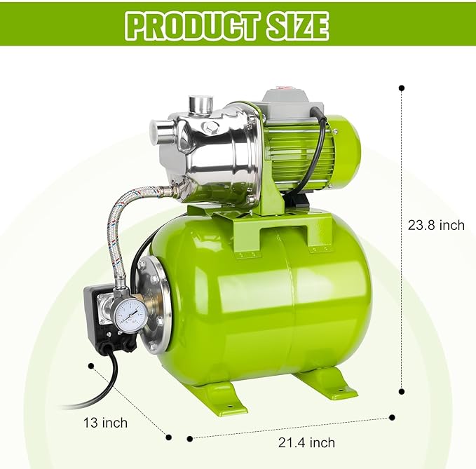 3/4HP Shallow Well Pump with Pressure Tank, 115V, Stainless Steel Irrigation, Automatic Water Booster Jet Pump for Home, Garden, and Lawn Use – Reliable Water Supply Solution