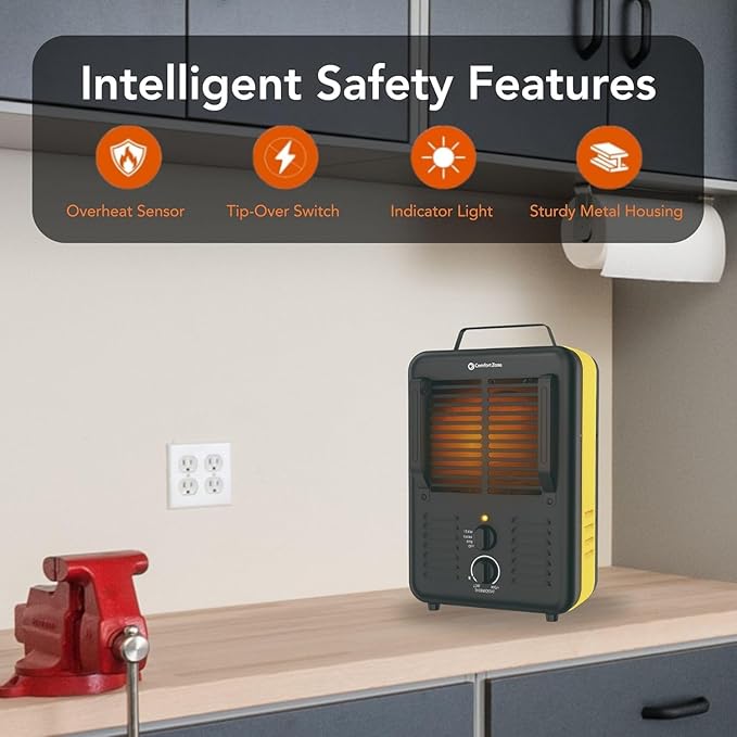 Comfort Zone 1500W Milkhouse Style Electric Utility Heater – Portable Workshop & Garage Space Heater with Adjustable Thermostat, 2 Heat Settings & Fan – All-Metal Heavy-Duty Design – Yellow/Black