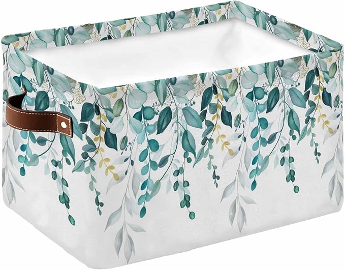 Teal Eucalyptus Storage Bins Cubes Waterproof Cloth Storage Basket, Watercolor Spring Weeping Botanical Foldable Storage Bags for Shelf Clothes Storages Organizers with Handles 15x11x9.5 in 1PCS