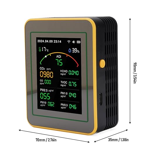 Eujgoov Air Quality Detector, 15 in 1 WiFi APP Control CO2 HCHO TVOC PM2.5 PM10 Temperature Humidity Monitor with Smart Timer and Real Time Data, for Indoor Air Quality Testing (Black Yellow)