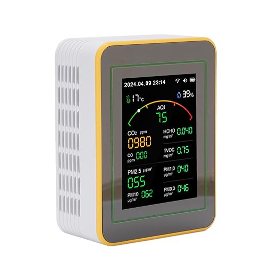 Eujgoov Air Quality Detector, 15 in 1 WiFi APP Control CO2 HCHO TVOC PM2.5 PM10 Temperature Humidity Monitor with Smart Timer and Real Time Data, for Indoor Air Quality Testing (White Yellow)