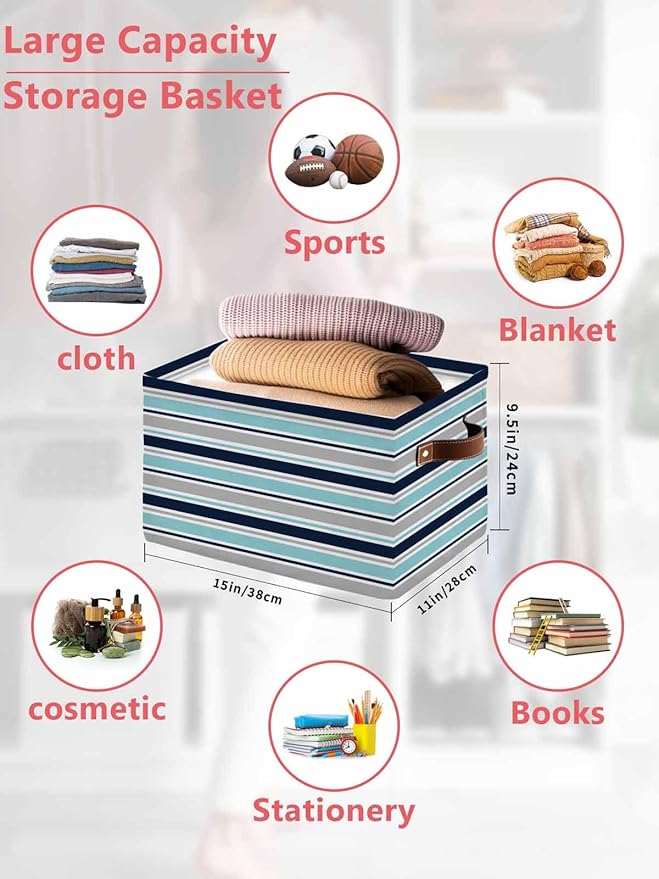 Grey Blue Striped Storage Bins Cubes Waterproof Cloth Storage Basket,Farmhouse Stripes Abstract Art Navy Blue Foldable Storage Bags for Shelf Clothes Storages Organizers with Handles 15x11x9.5 in 1PCS